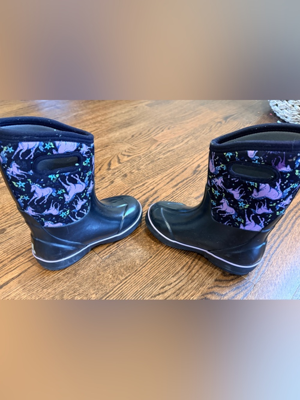 Bogs Black Kids Rain Boots with Purple Unicorn Pattern